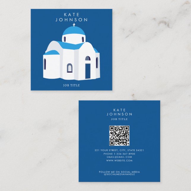 Greek Island Santorini Blue Dome Church QR Code Square Business Card (Front/Back)