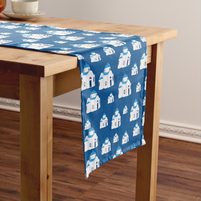 Greek Island Santorini Blue Dome Church  Short Table Runner (In Situ)