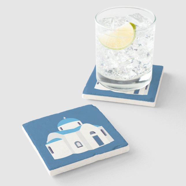 Greek Island Santorini Blue Dome Church  Stone Coaster (Side)