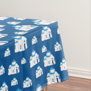 Greek Island Santorini Blue Dome Church  Tablecloth