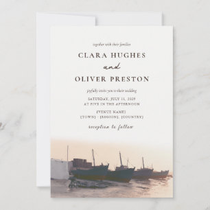 Greek Isles Harbour Fishing Boat Watercolor Weddin Invitation