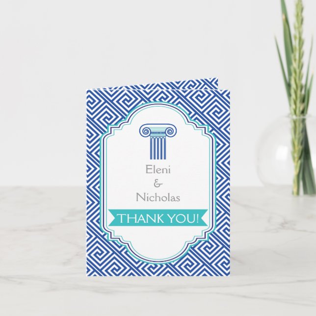 Greek key and aqua blue column wedding Thank You Card (Front)