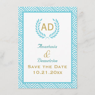 Greek key and laurel wreath teal request 3 save the date