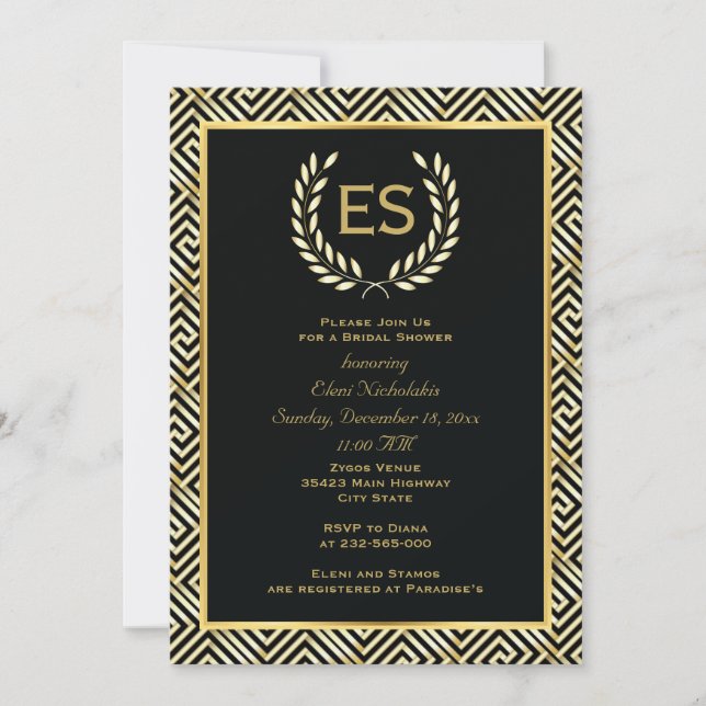 Greek key and laurel wreath wedding bridal shower invitation (Front)