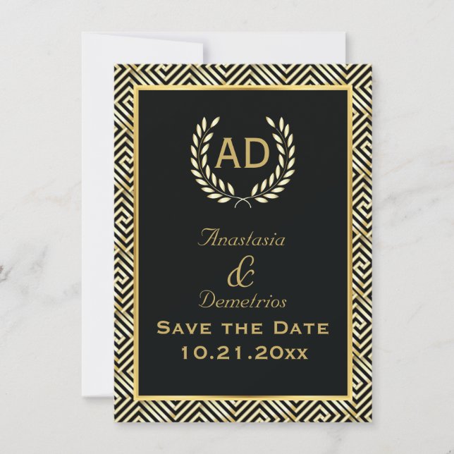 Greek key and laurel wreath wedding Save the Date (Front)