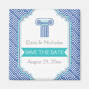 Greek key & aqua blue column wedding Save the Date Magnet