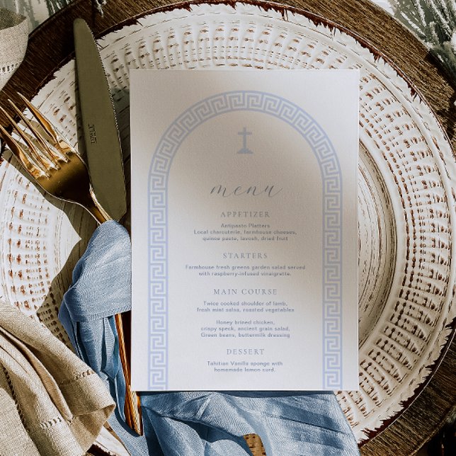 Greek Key Arch White Blue Baptism Menu (Greek Key Blue Baptism Menu)
