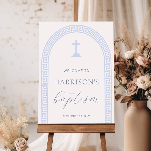 Greek Key Arch White Blue Baptism Welcome Sign (Welcome Sign Baptism Greek Key White Blue)