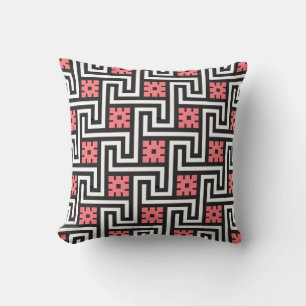 Greek Key, Black, White and Coral Pink Cushion