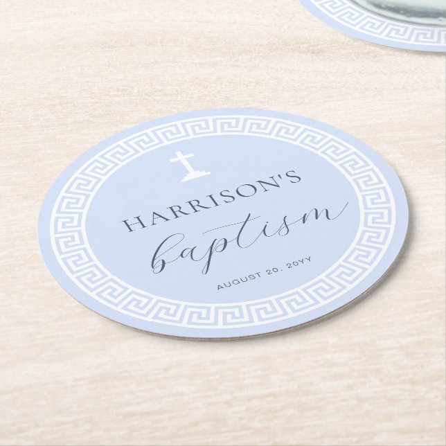 Greek Key Blue Baptism Round Paper Coaster (Angled)