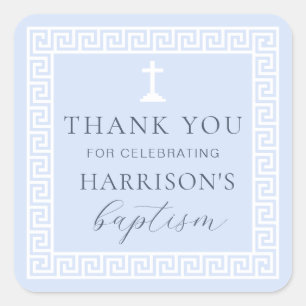 Greek Key Blue Baptism Thank You Square Sticker