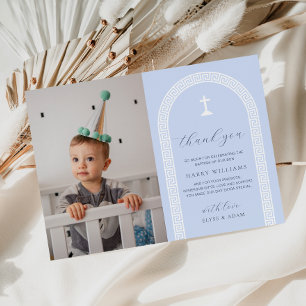 Greek Key Blue Photo Baptism Thank You Card