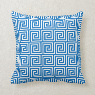 Greek Key, cerulean blue and white Cushion