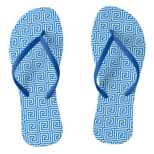 Greek Key, cerulean blue and white Thongs