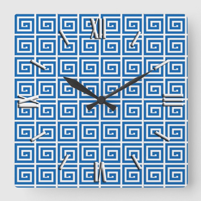 Greek Key design - blue and white Square Wall Clock (Front)