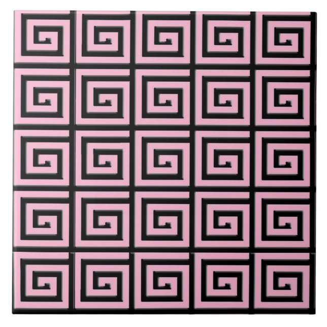 Greek Key design - pink and black Tile (Front)