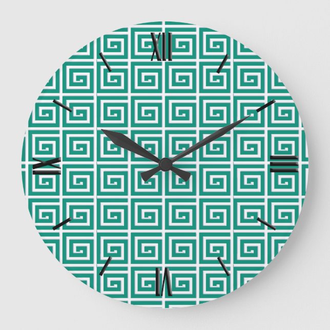 Greek Key design - teal and white Large Clock (Front)