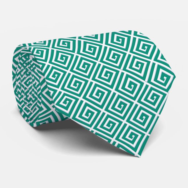 Greek Key design - teal and white Tie (Rolled)