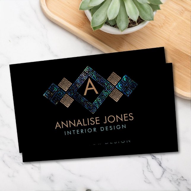 Greek Key Greek meander Monogram Abalone Gold Business Card (Creator Uploaded)