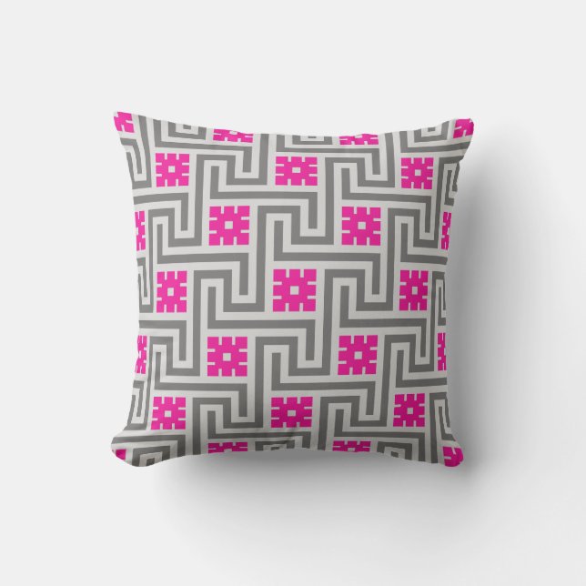 Greek Key, Grey / Grey and Fuchsia Pink Lumbar Pil Cushion (Front)