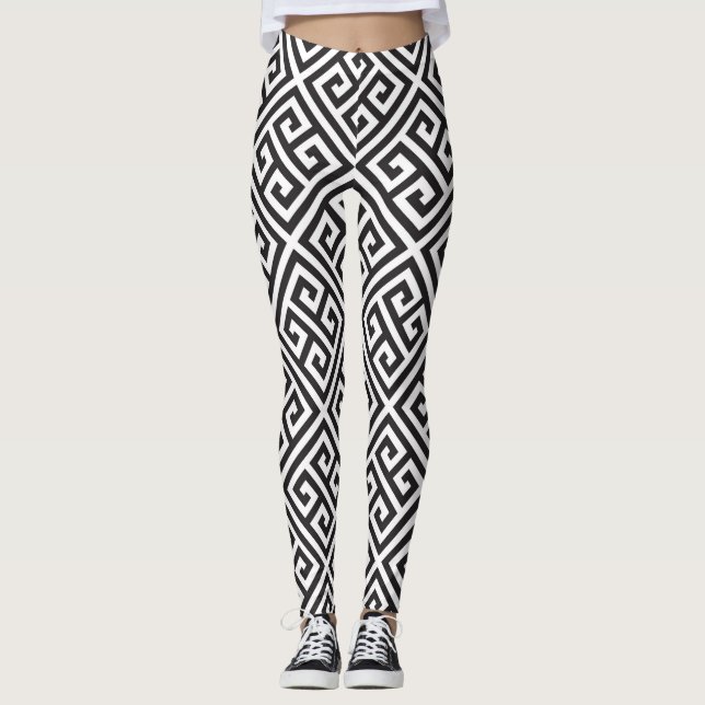 Greek Key Meander Geometric Black Pattern Leggings (Front)