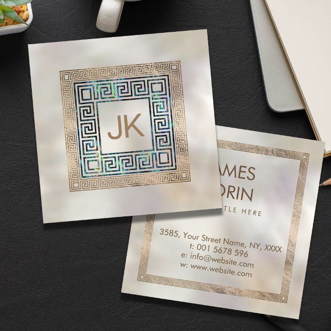 Greek Key Meander Monogram Abalone and gold Square Business Card (Creator Uploaded)