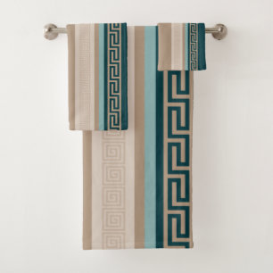 Greek Key - Meander - Taupe and Green Bath Towel Set