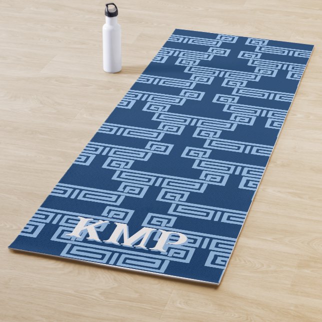 Greek Key Meander Tier in Blue Indigo Personalised Yoga Mat (In Situ)