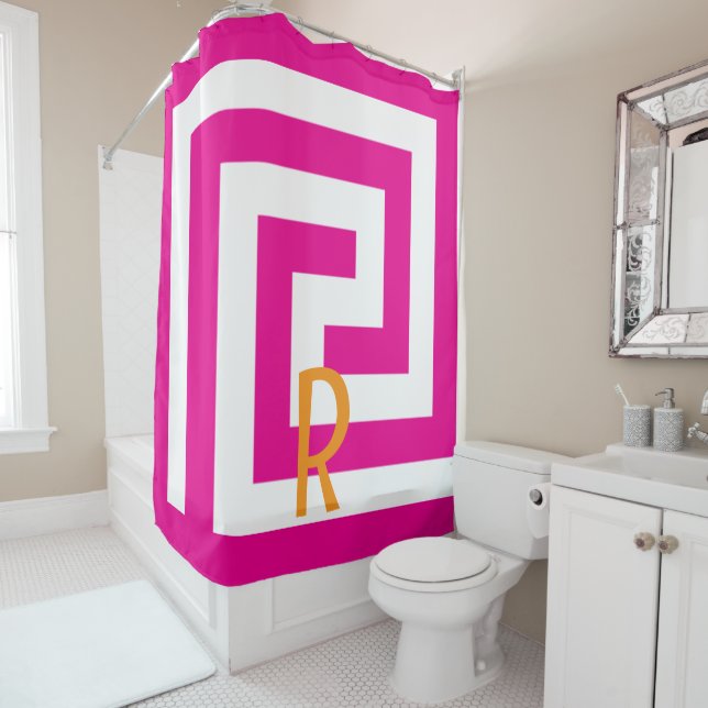 Greek Key Monogram Hot Pink Orange White Patterns Shower Curtain (In Situ)
