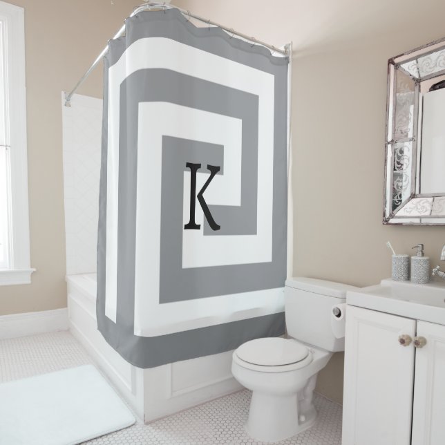 Greek Key Monograms Grey Grey Black White Patterns Shower Curtain (In Situ)
