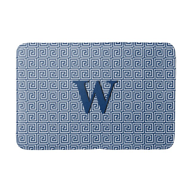 Greek Key, navy blue and white Bath Mat (Front)