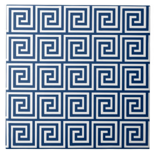 Greek Key, navy blue and white Ceramic Tile