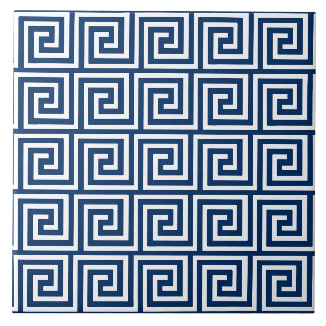 Greek Key, navy blue and white Ceramic Tile (Front)
