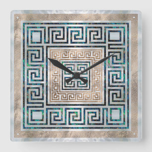 Greek Key Ornament -Abalone and gold Square Wall Clock