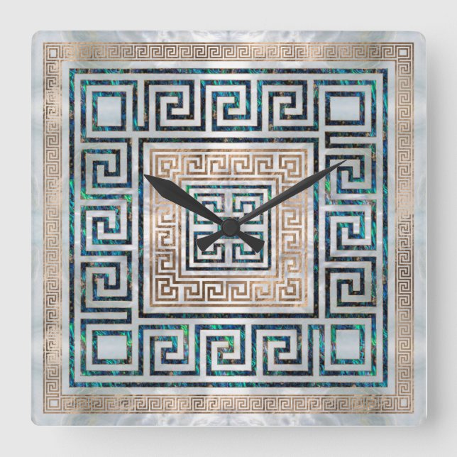 Greek Key Ornament -Abalone and gold Square Wall Clock (Front)