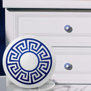 Greek Key Ornament - Blue and white Ceramic Knob