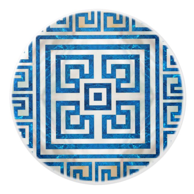 Greek Key Ornament - Greek Meander - Blue Marble Ceramic Knob (Front)