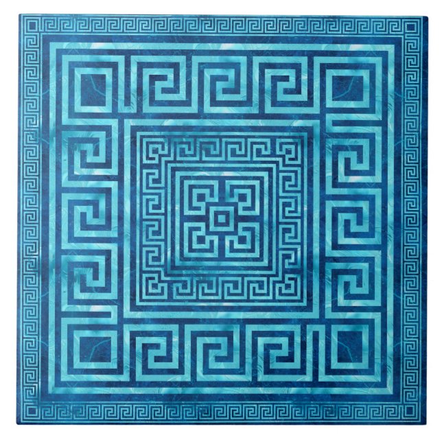 Greek Key Ornament - Greek Meander - Blue Marble Ceramic Tile (Front)
