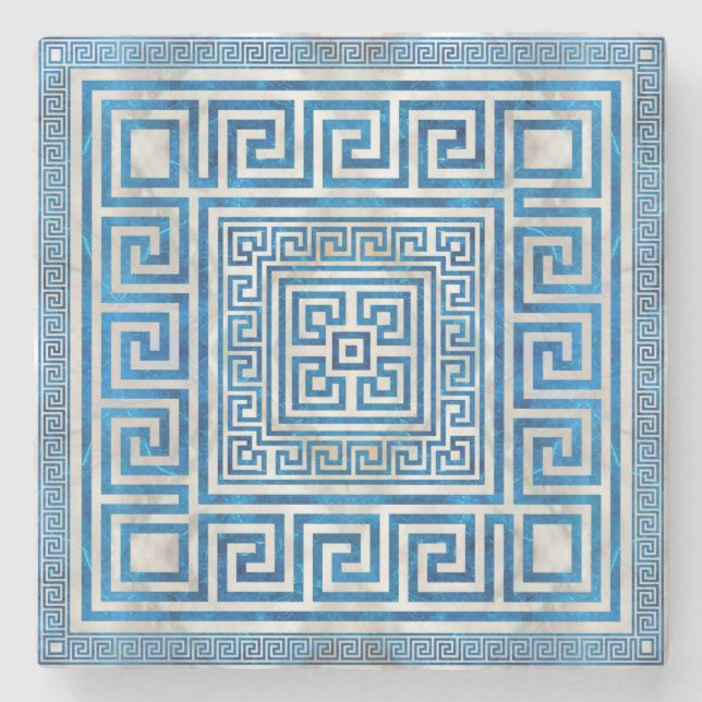 Greek Key Ornament - Greek Meander - Blue Marble Stone Coaster (Front)