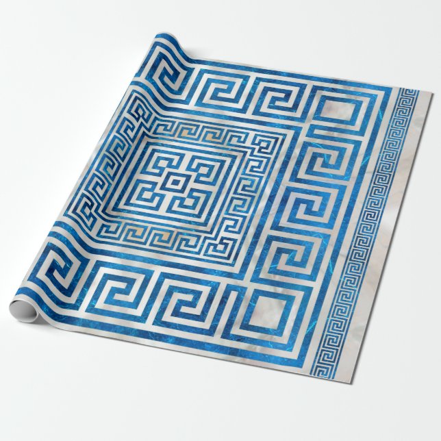 Greek Key Ornament - Greek Meander - Blue Marble Wrapping Paper (Unrolled)