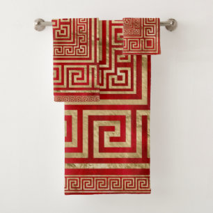 Greek Key Ornament - Greek Meander - Deep Red Bath Towel Set