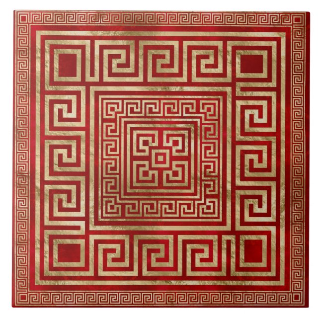 Greek Key Ornament - Greek Meander - Deep Red Ceramic Tile (Front)