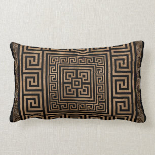 Greek Key Ornament - Greek Meander -Gold on Black Lumbar Cushion