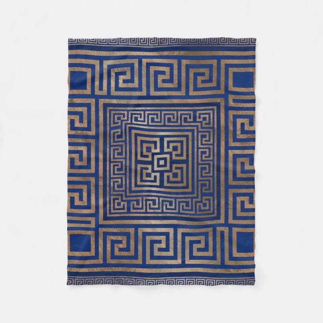Greek Key Ornament - Greek Meander -gold on blue Fleece Blanket (Front)