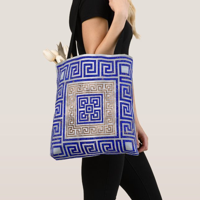 Greek Key Ornament - Lapis Lazuli and Gold Tote Bag (Close Up)