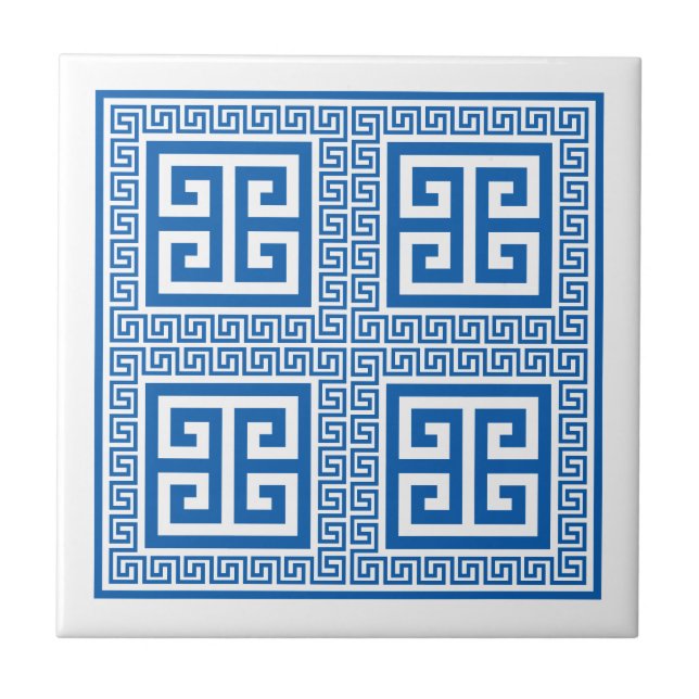 Greek Key Pattern Blue And White Ceramic Tile (Front)