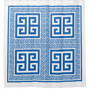 Greek Key Pattern Blue And White Shower Curtain