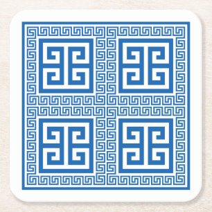 Greek Key Pattern Blue And White Square Paper Coaster