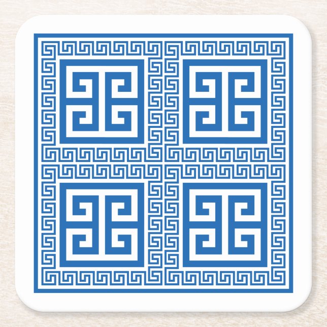 Greek Key Pattern Blue And White Square Paper Coaster (Front)