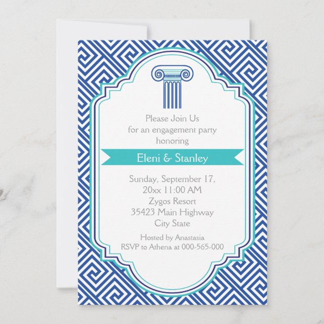 Greek key pattern & blue column engagement party invitation (Front)
